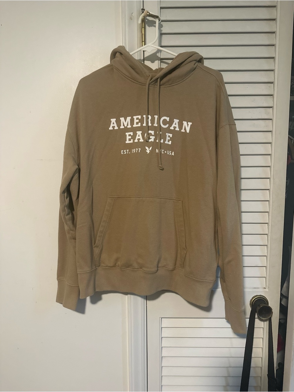 American Eagle Outfitters Tan Logo Hoodie size Large fits like XL